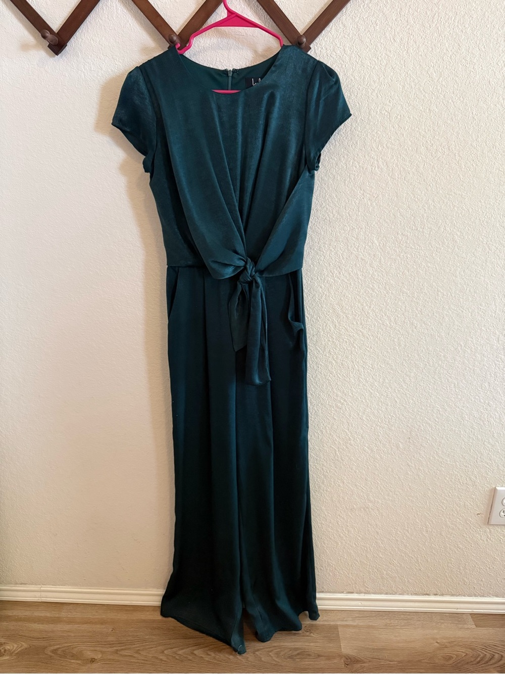 Lulu's Deep Teal Satin Tie-Waist Jumpsuit